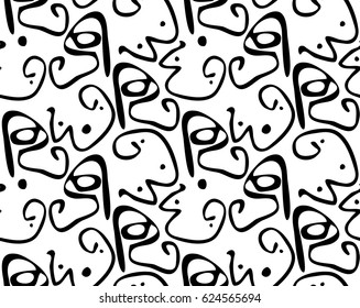 Repeating pattern with Abstract curvy shapes with dots black on white.Hand drawn with ink monochrome seamless background. Creative roughly hand drawn shapes.
