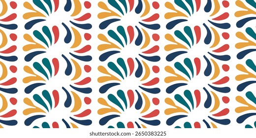 A repeating pattern of abstract floral elements in teal, red, yellow, and navy blue on a white background, evoking a mid-century modern aesthetic.