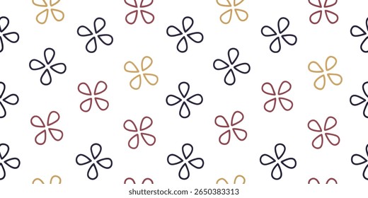 A repeating pattern of abstract four-petal flower shapes in muted burgundy, mustard yellow, and deep navy on a bright white backdrop.