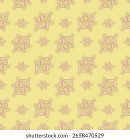 Repeating pattern with abstract geometric design featuring triangles and lines in pink, yellow, light green, and gray on yellow background. Modern and artistic design.