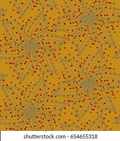 Repeating pattern with Abstract geometrical flower with pointy pedals with dots on orange.Seamless background with dots and wavy abstract geometrical flowers.