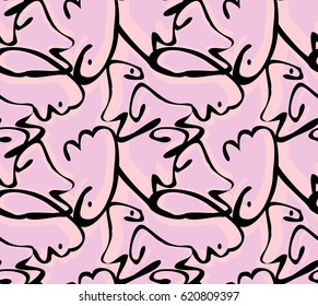 Repeating pattern with Abstract roughly curved black shapes with pink.Hand drawn with ink seamless background