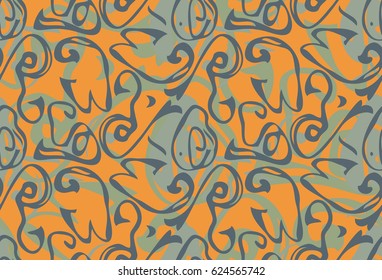 Repeating pattern with Abstract roughly curved shapes green orange.Hand drawn with ink seamless background. Creative roughly hand drawn shapes.