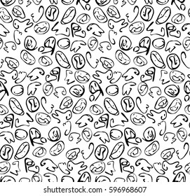 Repeating pattern with Abstract small curvy shapes black on white.Hand drawn with ink monochrome seamless background. Creative roughly hand drawn shapes.