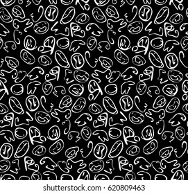 Repeating pattern with Abstract small curvy shapes white on black.Hand drawn with ink monochrome seamless background. 