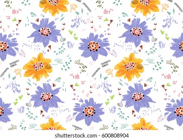 Repeating pattern with Abstract spring orange and purple flowers and seeds.Seamless background with roughly drawn spring flowers and seeds. 