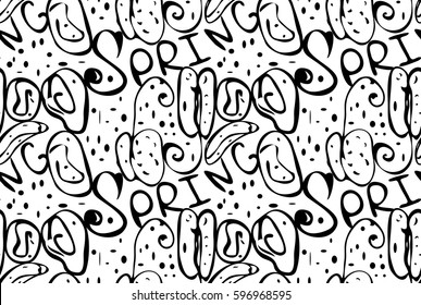 Repeating pattern with Abstract spring seeds black on white.Hand drawn with ink monochrome seamless background. Creative roughly hand drawn shapes.