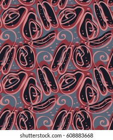Repeating pattern with Abstract spring seeds corral pink red blue.Hand drawn with ink seamless background. Creative roughly hand drawn shapes.