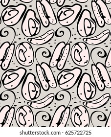 Repeating pattern with Abstract spring seeds on light heather green.Hand drawn with ink seamless background. Creative roughly hand drawn shapes.