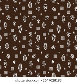 Um padrão repetitivo de antigos símbolos protetores em branco sobre um castanho espresso rico. Este design gráfico esotérico com talismãs desenhados à mão é ideal para marcas espirituais ou boho têxteis