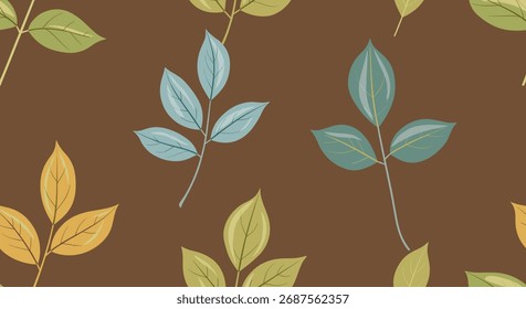 Un patrón repetitivo de hojas de otoño en colores apagados sobre un fondo marrón.