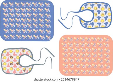 Repeating pattern of baby bibs and pacifiers, perfect for backgrounds, fabrics, and more