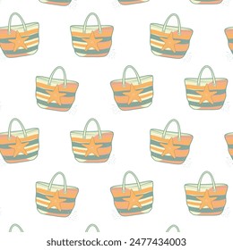 Repeating pattern of beach tote bags adorned with a large starfish on a striped background of sunset hues like orange, yellow, and cream