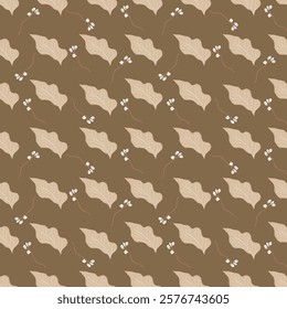 A repeating pattern of beige shapes resembling leaves or abstract forms on a muted brown background.