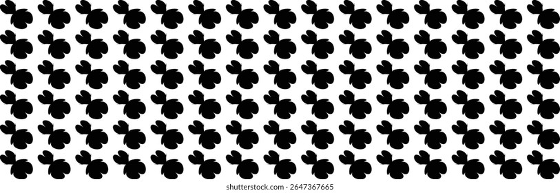 A repeating pattern of black clover shapes on a white background. The clovers are stylized with rounded lobes and a thin horizontal line across the center of each.