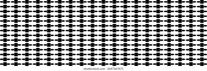 A repeating pattern of black clover shapes on a white background. The clovers are arranged in a grid formation with consistent spacing between each element.
