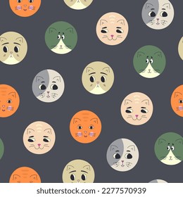 Repeating pattern, black eyes cats. Endless background, cute kitten. Colorful vector simple elements
