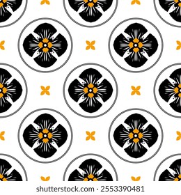 A repeating pattern of black flowers with yellow centers on a white background, featuring circular shapes and small orange accents.