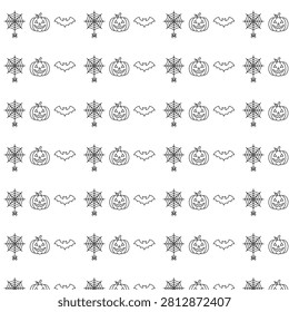 A repeating pattern of black line drawings of jack o'lanterns, bats, and spider webs on a white background, creating a spooky Halloween-themed design.
