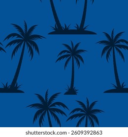 A repeating pattern of black palm tree silhouettes on a rich blue background. Perfect for summer-themed designs, beachwear prints, digital wallpapers, tropical invitations, and vacation branding.