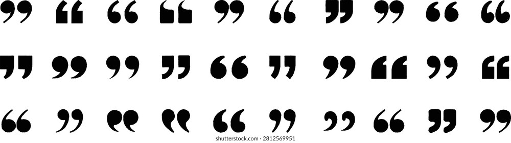 A repeating pattern of black quotation marks arranged in rows on a clean white background. This simple graphic element is ideal for design projects needing a textual or conversational theme.