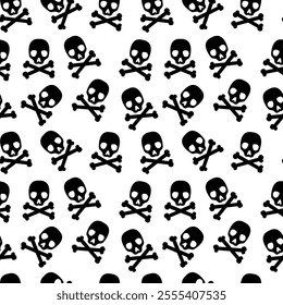 Repeating pattern of black skulls and crossbones on a white background, commonly associated with danger, poison, or pirate themes.