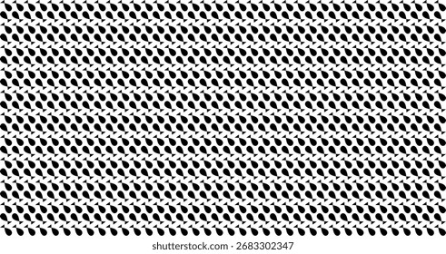 Un patrón repetitivo de Formas negras en forma de lágrima dispuestas en filas diagonales sobre un fondo blanco.