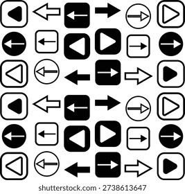 A repeating pattern of black and white graphic icons, including various play, rewind, and fast-forward symbols, along with left and right arrows, presented in squares, circles, and standalone forms, creating a dynamic visual design.