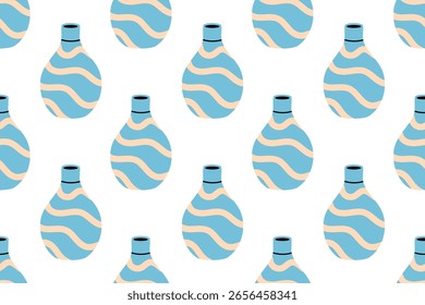 Repeating pattern of blue ceramic vases with beige wavy lines on white background