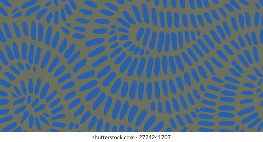 Um padrão repetitivo de formas alongadas e azuis dispostas em um redemoinho, formação radial contra um fundo silenciado e texturizado.