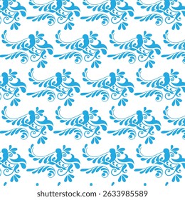 Repeating pattern of blue floral swirls on white background for seamless design