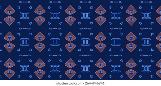 Repeating pattern with blue Gemini zodiac signs, glowing UFO warnings, and stars on a dark blue background. Great for astrology themes, textiles, or digital design.