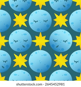 A repeating pattern of blue moons with closed eyes and yellow stars on a dark teal background. The design is playful and whimsical, suitable for various creative projects.