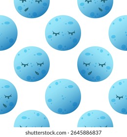 A repeating pattern of blue moons with closed eyes and eyelashes on a white background. The design is playful and whimsical, suitable for various creative projects, for children's themes or summer