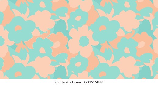 A repeating pattern of blue and peach flowers from a top-down viewpoint