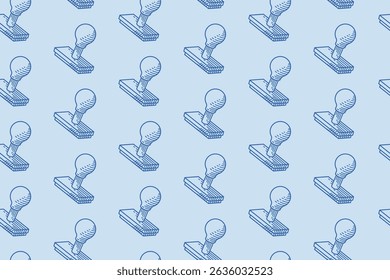 Repeating pattern of blue rubber stamps ideal for stationery design, business presentations, or office themed projects requiring a professional touch.