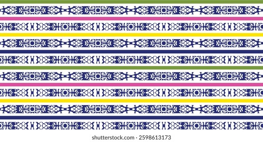 repeating pattern of blue and white filigree designs separated by colored horizontal stripes, for textile, wallpaper, gift wrapping.