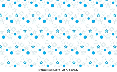 A repeating pattern of blue and white stars, circles, and diamonds on a white background.