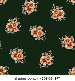 Um padrão repetitivo de buquês de flores sobre um fundo verde-escuro. Cada buquê apresenta várias flores detalhadas, de cor pêssego claro, com centros de cor pêssego claro.