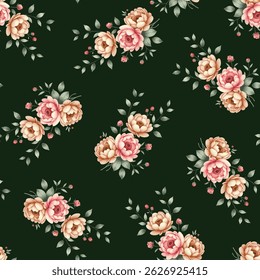 A repeating pattern of bouquets of flowers. The flowers are a mix of light peach apricot and various shades of pink, with a darker, muted greenish-gray foliage. The flowers appear to be peonies.