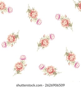 A repeating pattern of bouquets of flowers. The flowers are predominantly shades of light peach, coral, and pink peonies, with lighter inner petals and deeper, slightly darker, outer petals.