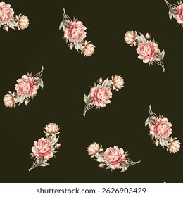 A repeating pattern of bouquets of pink peonies and lighter peach cream colored flowers on a dark olive green background. The flowers have detailed petals and leaves.