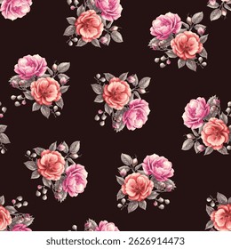 A repeating pattern of bouquets of roses. The roses are various shades of pink and coral orange, with detailed petals and centers. Grey toned leaves and small, greyish green buds are interspersed.