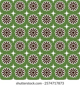 Repeating pattern of brown flower motifs with white outlines on a green background. White plus signs are interspersed among the flowers. Perfect for retro and nature-themed designs or fashion print.