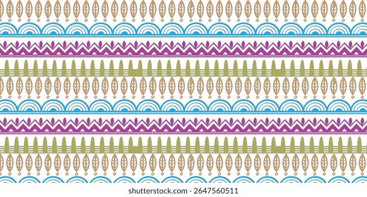 A repeating pattern of brown leaves, blue arcs, purple zigzags, and green fence shapes on a white background.