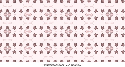 Repeating pattern of brown mushrooms, stars, and abstract shapes on soft pink background. Whimsical, earthy, cozy design for textiles, stationery, or digital backgrounds.