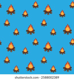  A repeating pattern of campfires on a blue background. Each campfire consists of logs with red and orange flames above. The campfires are uniformly spaced, creating a vibrant and warm design.