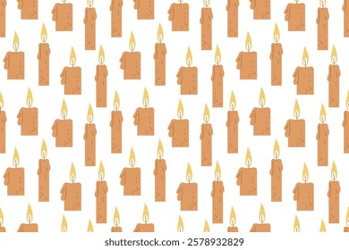 Repeating pattern of candles with flickering flames on a white background