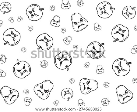 A repeating pattern of cartoon apples and pears with angry, scowling faces, set against a white background.