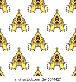A repeating pattern of a cartoon evil banana  on a white background